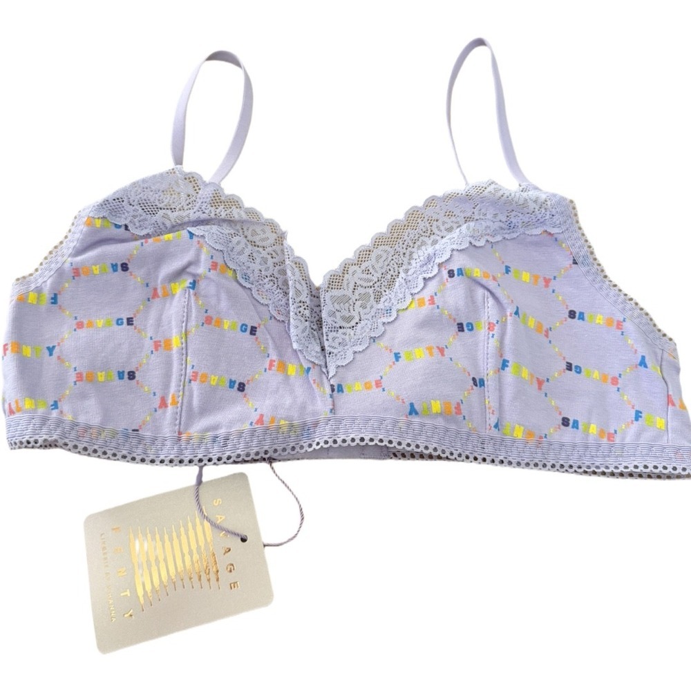 Savage X Fenty Lavender Rainbow Logo Print Cotton Bralette Size Medium Lace NWT